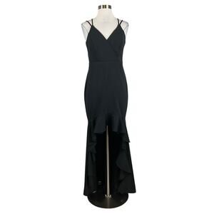 XSCAPE High Low Cut Out Ruffled Sleeveless Long Evening Gown Black Size 6 Dress